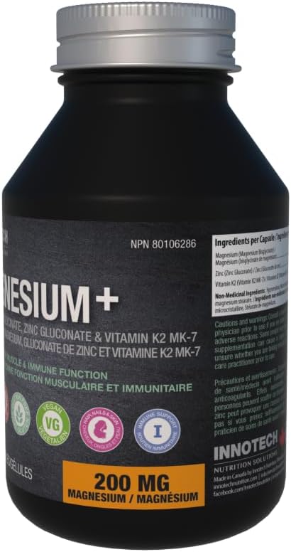INNOTECH Nutrition Magnesium + 120 Capsules - Contains Magnesium Bisglycinate, Zinc Gluconate & Vitamins K2, MK-7 - Maintain Proper Muscle & Immune Function