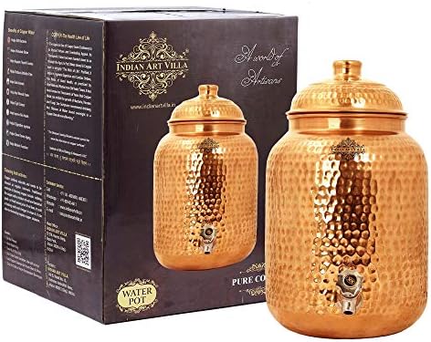 Indian Art Villa Hammered Copper Water Dispenser Container Pot Matka, Storage Water, 152 Oz