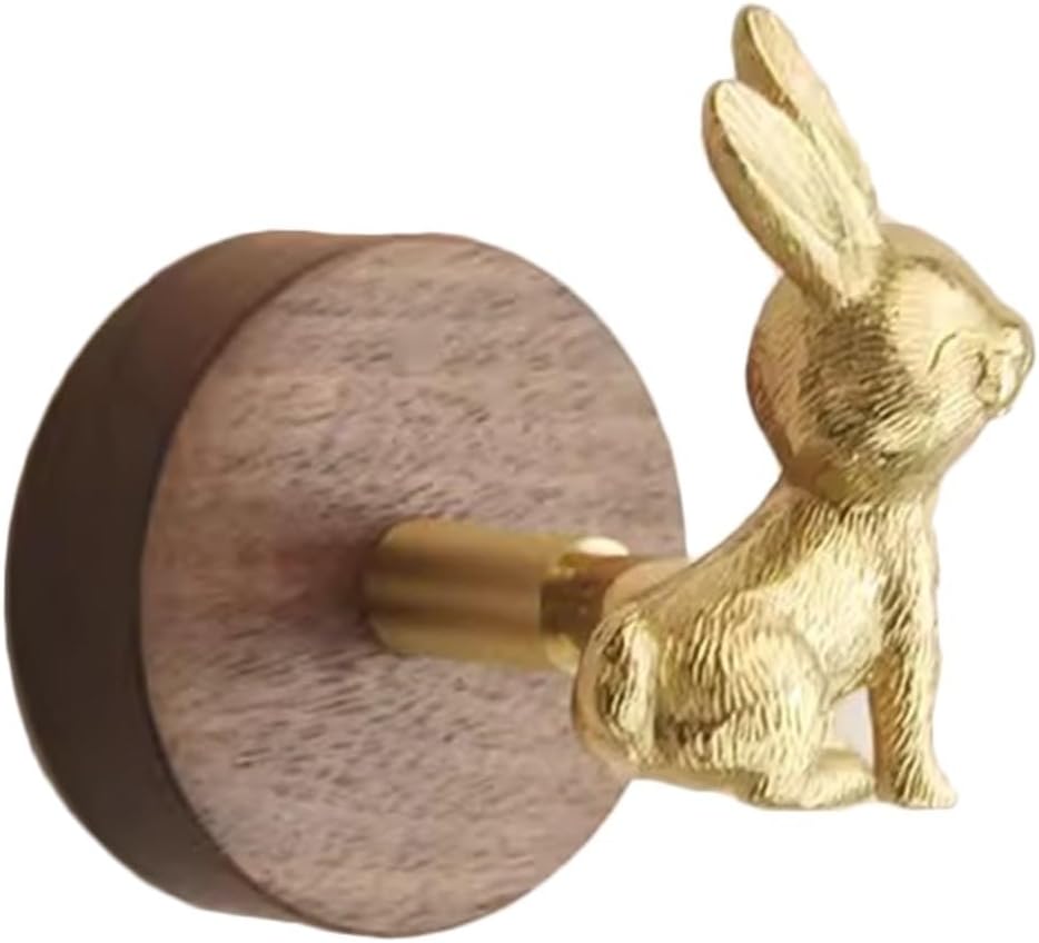 Wall Mounted Curtain Hooks,Brass Curtain Hooks,Decorative Hooks for Wall, Rabbit Brass Hook with Wood Base,Vintage Wall Hooks Coat Hooks for Hanging Coats(5.5 * 5.9 * 5.5cm)