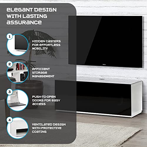 Image of SONOROUS ST-110 Premium TV Stand with White Glass & Black Wood Cover - Modern Entertainment Center & Media Console for Living Room - TV Cabinet up to 65 Inch with Hidden Wheels - Sleek Storage Design
