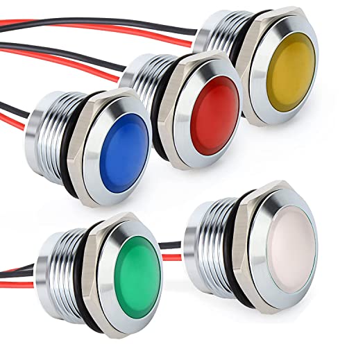 Gebildet 5pcs AC/DC 12-24V 20mA Indicador de Ahorro de Energía Luz Indicadora, Metal Lámpara de Señal Impermeable 16mm LED Blanco/Azul/Rojo/Verde/Naranja(Cabeza de Superficie Esférica)