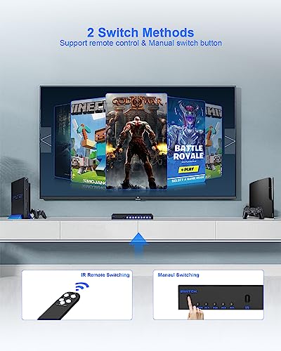 RCA Switch Box 4 in 3 Out: 4 Way AV Splitter 3 Output with Remote Control for Audio Video Distribution, RCA Splitter Switcher Composite Video L/R Audio Selector Box for DVD STB Game Consoles - Thumbnail 6