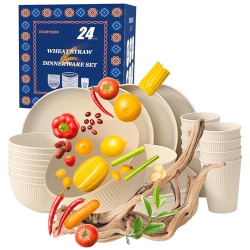 24pcs Wheat Straw Dinnerware Sets For 8, Unbreakable Plates and Bowls Wheat Straw Dinnerware Microwavable Cups Plates and Bowls Sets Shatterproof For Outdoor Kitchen Camping