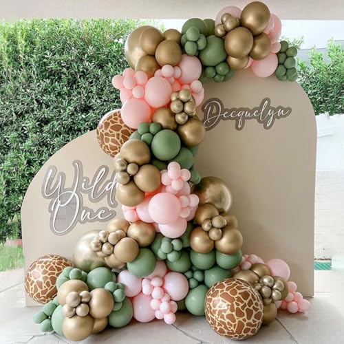 Image of Pink Jungle Safari Balloons, 60PCS Sage Green Pastel Pink Gold Balloon, Light Pink Cream Beige Balloon with Animal Print for Girls Birthday Baby Shower Wild One Giraffe Party Decorations Supplies