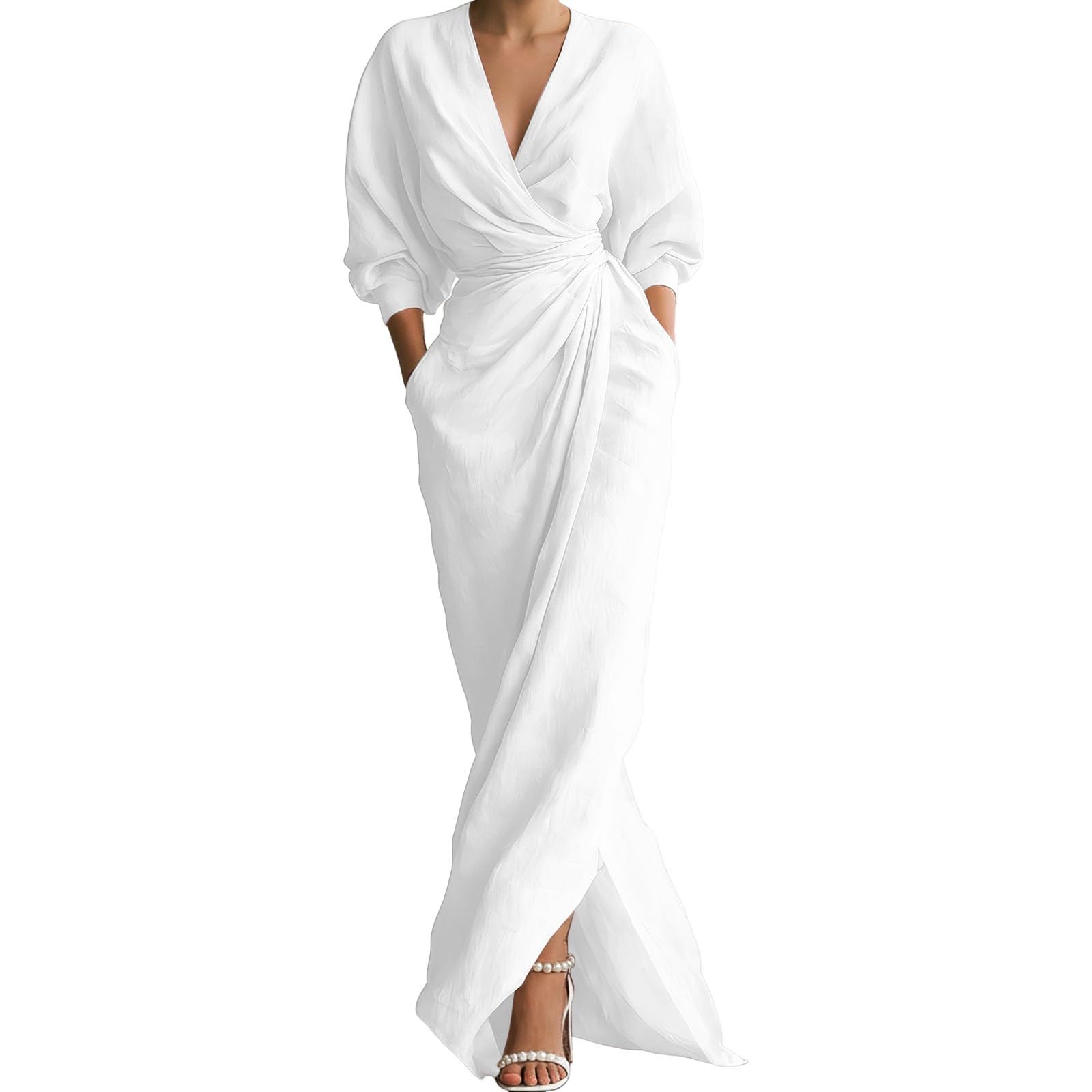 Vestido Extra Largo con Escote en V, Manga Larga, Volantes, cinturón, Abertura asimétrica, Elegante Vestido