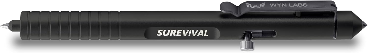 Surevival Pen – Tactical Survival Pen with Seatbelt Cutter, Tungsten Window Breaker, Telescoping Tip, Bolt-Motion Mechanism for Navy, Regulation Enforcement, Self-Protection, Emergency Rescue (Black)