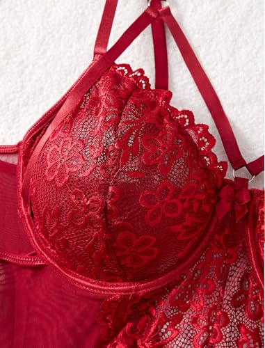 Image of Alrovetoney Plus Size Lingerie For Curvy Women Ruffle Lingerie Set Sexy Lace Lingerie Set Garter Belt With Stockings