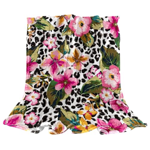 Couverture polaire lit 150x200 plaid canapé fleur rose léopard - 2