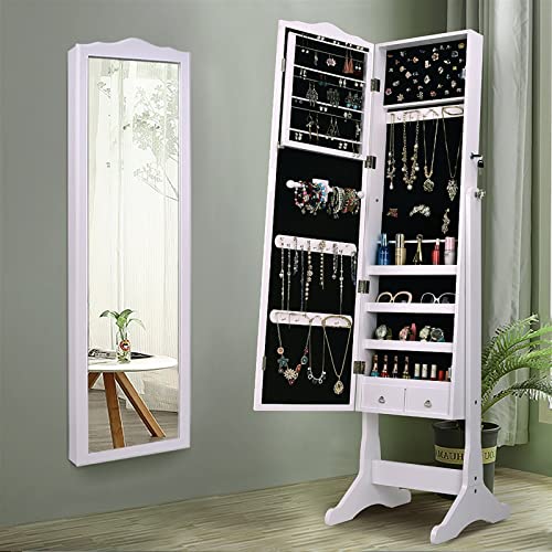Ancdww Jewelry Mirror Cabinet Armoire Organizer Swivel Standing Jewelry Box Cabinets With Length Mirror, Free Standing Floor Jewelry Holder Organizer Storage With Lockable For Girl Women Man, White-C #TOP2