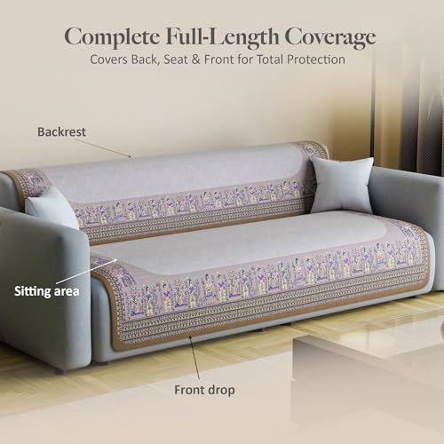 Image of Kuber Industries Net Cotton 3 Seater Long Seat Sofa Cover Set for Dust Protecter | Couch Cover for Living Room, Home | Rajasthani Border Malibu 1351 - Brown