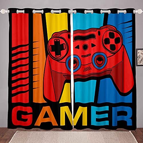 Loussiesd Boys Black Gamepad Curtains Gamer Drapes For Kids Children Teens Video Game Window Curtain Panels Modern Game Controller Window Treatments Blue Room Decor W46*L54