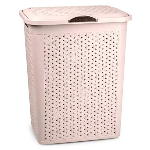 Tradineur - Cesto para Ropa Sucia con Tapa y Asas, pongotodo de plástico, Cubo para Colada, imitación de Mimbre, Fabricado en España (Beige - 38 litros - 49 x 38,5 x 29,5 cm)