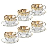Sevenler Teegläser Set mit Henkel, 12er Set mit Untertassen, Glastassen für 6 Personen, orientalische Trinkgläser mit Goldrand, Kaffeegläser doppelwandig, Gläser mit Griff