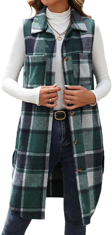 Mywinway Long Plaid Vest for Women Fall Winter Sleeveless Blazer Jackets Outerwear Trendy Tops