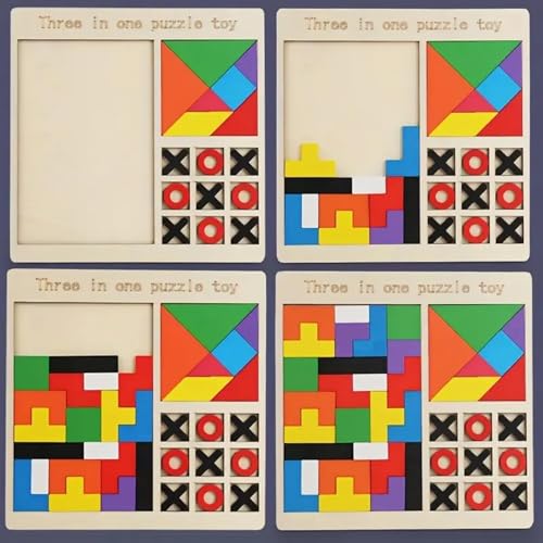 Image of Fun4You 3 in 1 Wooden Puzzle Toy for Kids - Tangram, Tetris, Tic Tac Toe Board Game - Montessori Learning Toy for Boys Girls 3 4 5 Years - Educational Brain Teaser Gift for Toddlers