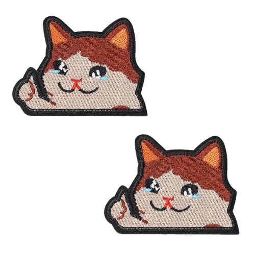 Paquete de 2 parches bordados divertidos y lindos con diseño de gato llorando, divertido y moderno parche de moral táctico para motociclista, parte trasera de gancho y bucle para ropa, mochilas