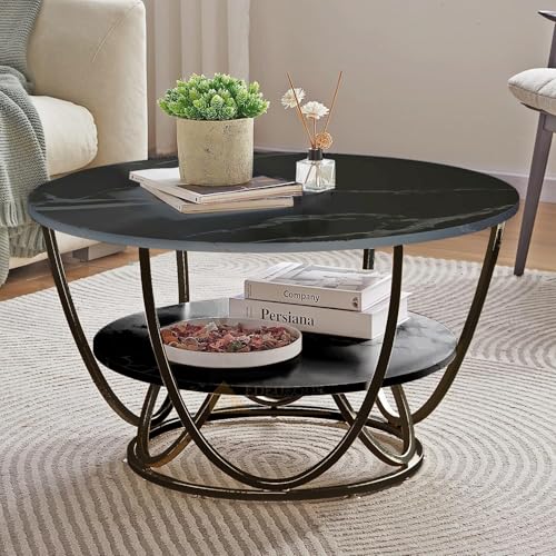 Image of OFHEQEUWIN Round Coffee Tables Accent Center Table Sofa Side Tea Table with 2-Tier Storage for Living Room Office Desk Balcony Wood Desktop and Metal Legs (Full Black)