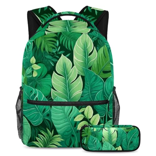 Ensemble sac d'école feuilles d'été vert tropical avec trousse Large pour fille et garçon