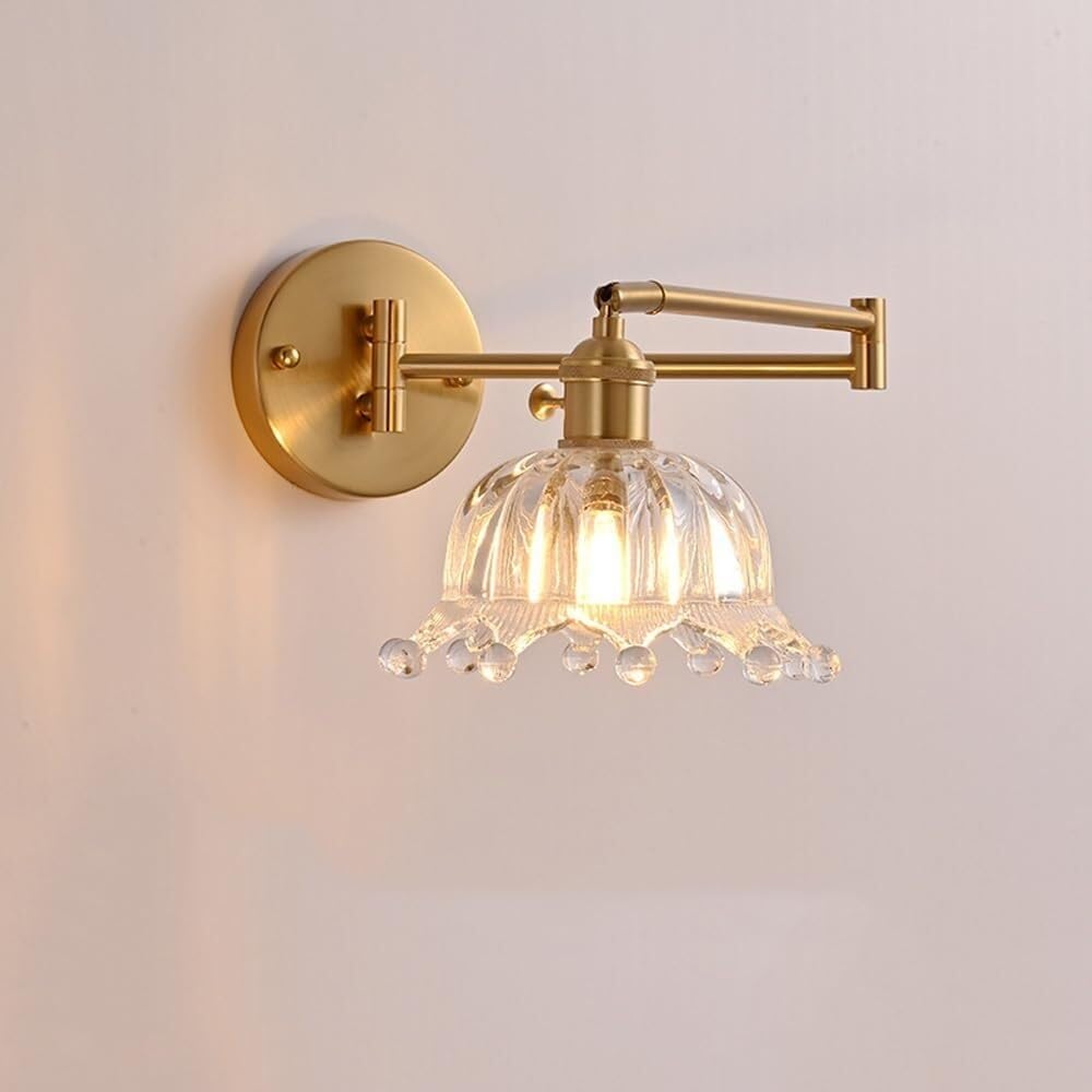 HPTHLY Flower Glass Wall Sconce, Antique Gold Wall Mounted Reading Lamp, Adjustable Swing Arm Wall Light, Nordic Vintage Wall Lamp For Bedroom, Living Room, Bedside, S