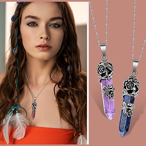 Sureio 12 Pcs Healing Crystal Necklace Hexagonal Healing Flower Wrapped Crystal Point Pendant Natural Quartz Point Necklace with Chain for Women2
