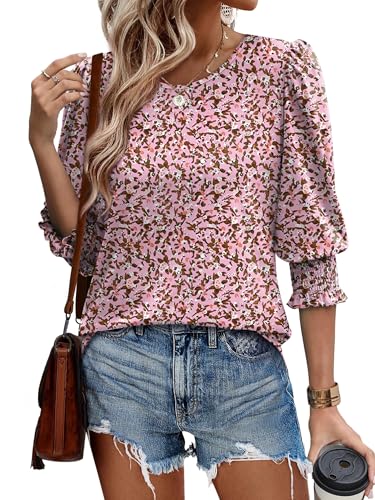 Image of XIEERDUO Blouses for Women Dressy Casual 3 /4 Length Sleeve Womens Tops with Smocked Cuffs
