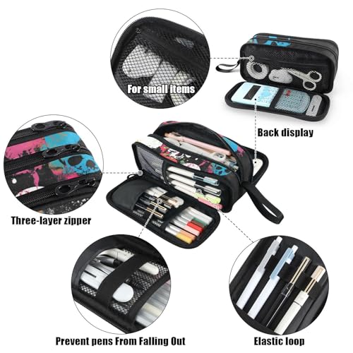 Image of Fustylead Colorful Skulls on Black Pen Pencil Case Makeup Pouch Big Capacity Multi-Purpose Travel Bag Office Organizer with Zipper