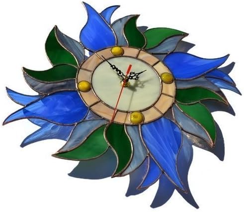 Boho Blue Tulip Wall Clock 12 Inch for Living Room Bedroom Kitchen, Unique Handmade Botanical Stained Glass Home Decor with Flowers and Leaves, Decorative Wreath Themed Tiffany Style Floral Art