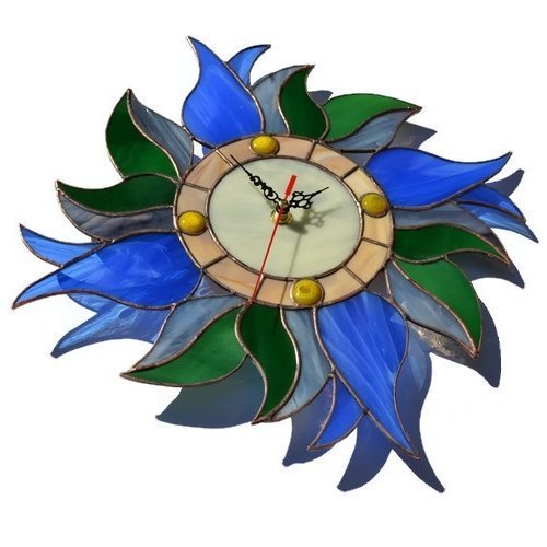 Boho Blue Tulip Wall Clock 12 Inch For Living Room Bedroom Kitchen, Unique Handmade Botanical Stained Glass Home Decor With Flowers And Leaves, Decorative Wreath Themed Tiffany Style Floral Art #TOP2