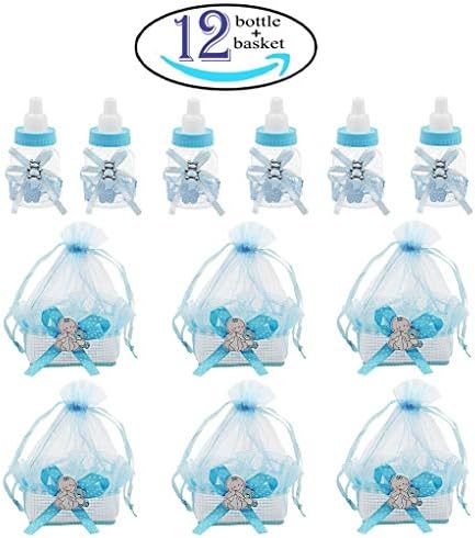 Noex Direct 12pcs Candy Bottle  and 12pcs Organza Baby Shower  Basket Sheer Gift Bag Baby Shower Supplies for Baby Parties Birthday (Blue)