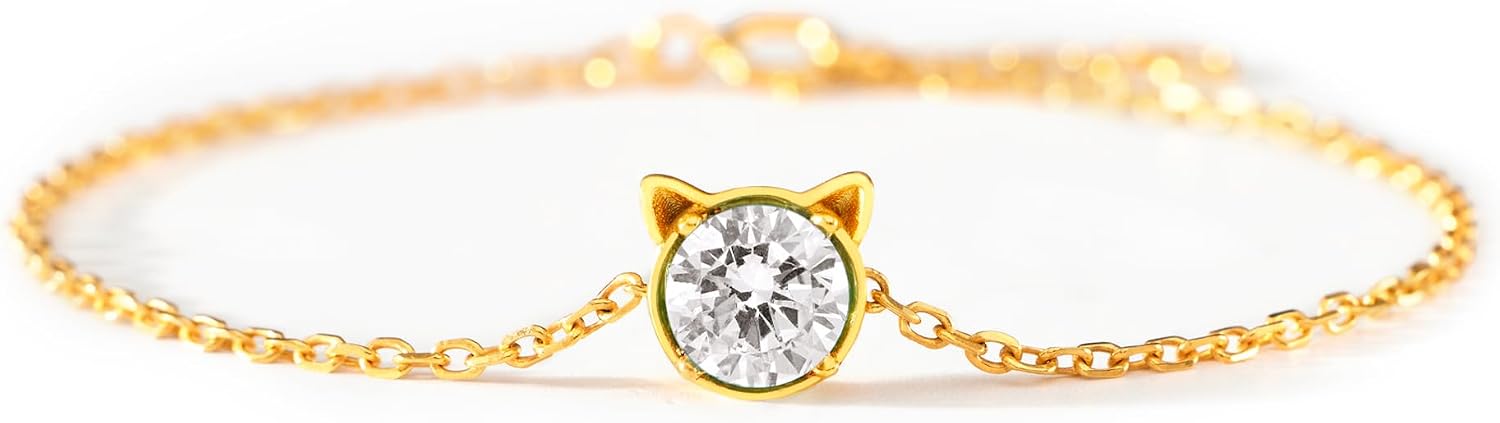 STORYJEWELLERY Cat Bracelet, Birthstone Bracelets for Women, 925 Sterling Silver Preppy Bracelets, Cat Jewelry for Women, Preppy Gifts, Birthday Gifts for Her