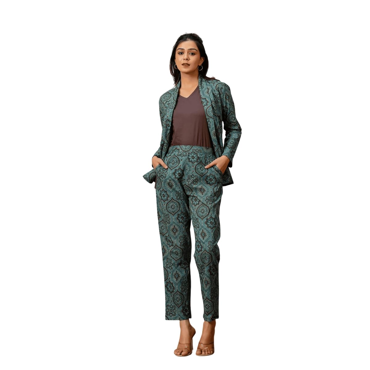 vivika Women's Cotton Ajrakh Print 3-Piece Blazer Coord Set |Ethnic Co-ord Set with Inner & Pants | Summer Cotton Blazer Suit for Women | Festive Office Wear_XS-picture-37