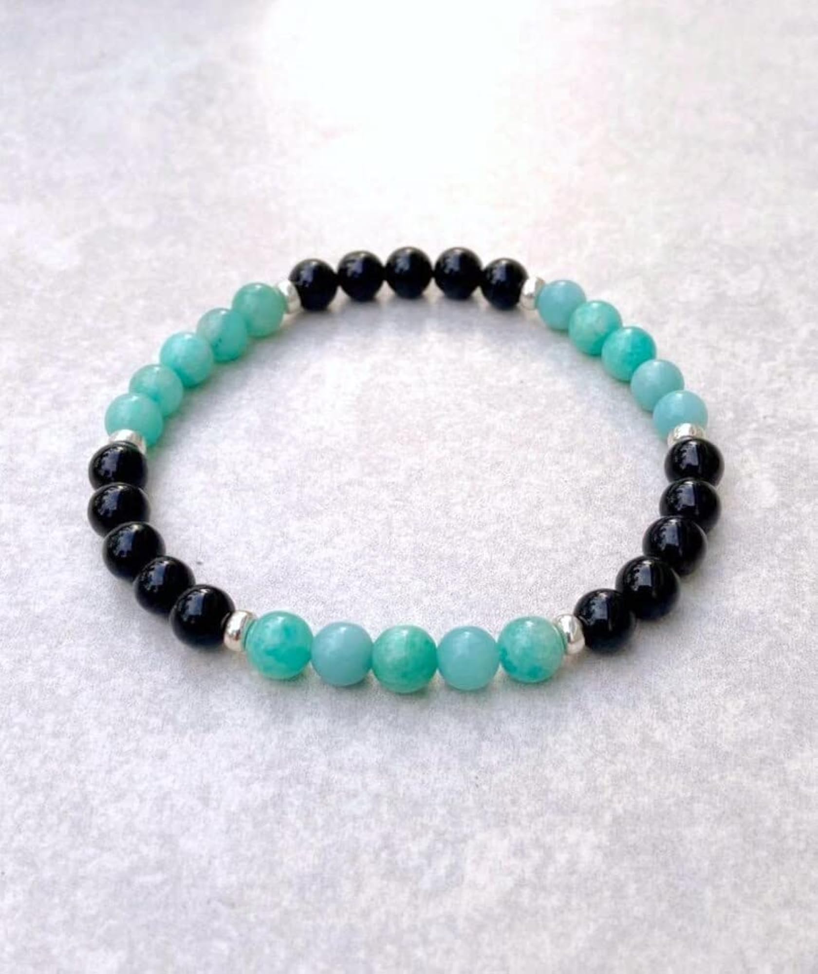 Unisex Natural Amazonite & Black Tourmaline Gemstone Stretch Bracelet