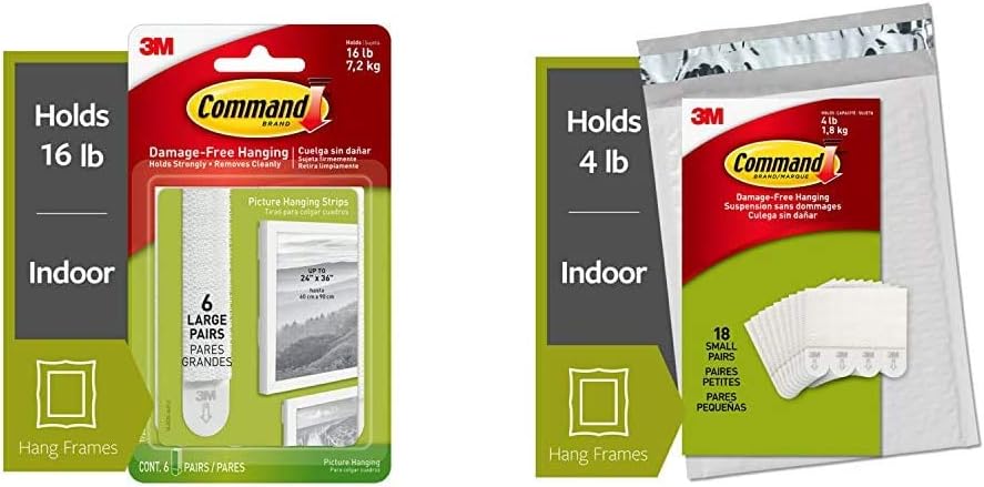 Command Picture & Frame Hanging Strips, Large, White, 6-Strip, 4-Pack (24 Pairs Total) & Picture Hanging Strips, Decorate Damage-Free, 18 Pairs (36 Strips), Ships in Own Container