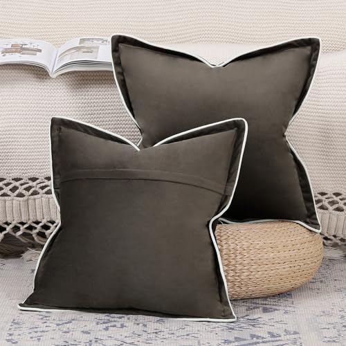 Madizz Set of 2 Velvet Fringed Throw Pillow Covers 18x18 inch, 45x45 cm, Dark Taupe Soft Decorative Cushion Cover for Sofa Bedroom Pillow Shell - Cosy Home Interiors Madizz Set of 2 Velvet Fringed Throw Pillow Covers 18x18 inch, 45x45 cm, Dark Taupe Soft Decorative Cushion Cover for Sofa Bedroom Pillow Shell - Image 2