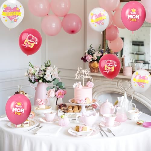 Image of Mother's Day Balloons, 12 Inch Red Light Pink White Love You Mom Balloons with Heart Pattern for Women Mother's Day Party Mom Birthday Decorations