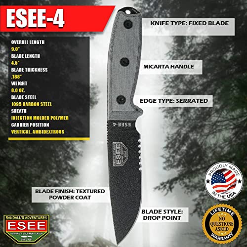 Image of ESEE Knives Model 4S Survival Knife - Serrated Edge, Fixed Blade Knife, Includes Sheath - Field Tested, Made in the USA