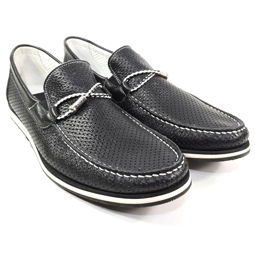 Goodman Men's Black Perforated Leather Comfort Loafers, Slip-On Summer Shoes, White Contrast Stitching, Size 42 EU, Made in Italy2