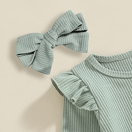 Toddler Baby Girl Fall Winter Clothes Solid Color Ribbed Knit Ruffle Sweatshirt Tops Pants Headband 3Pcs Outfit Set (A-Green, 6-12 Months) #TOP3