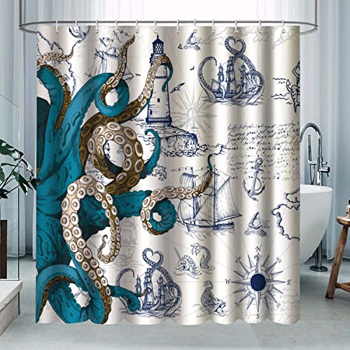 Aprophic Nautical Sailboat Octopus Shower Curtain For Bathroom Ocean Lighthouse Decorative Kraken Pirate Bath Curtain 72 X 72 Inch Waterproof Octopus Tentacles Bathroom Curtain With 12 Hooks #TOP1