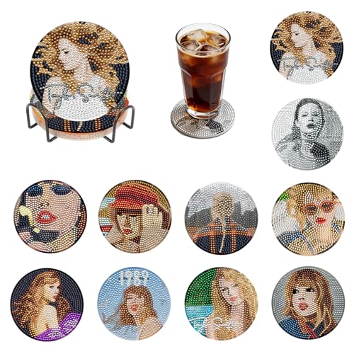 BOCACUE Taylor Diamond Art Coasters Kit for Adults 10 PCS Diamond Painting Coasters with Holder Cute Gem Painting Coasters for Desk DIY Diamond Art Crafts Taylor Merchandise Gifts for Women