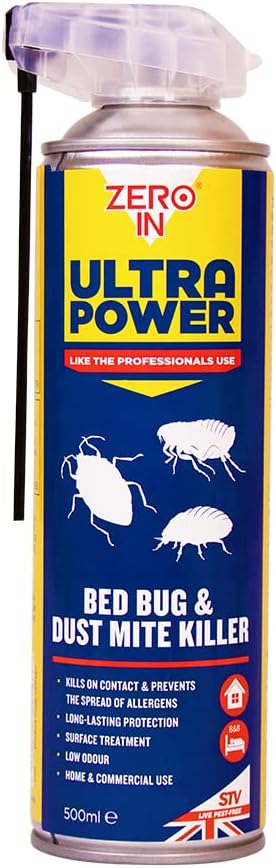 Ultra Power Bed Bug & Dustmite Killer - 500 ml Dual Action Aerosol Indoor Use Fast-Acting Kills Bed Bugs on Contact and Prevents the Spread of Allergens