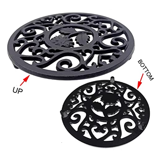 Beminh Trivet Cast Iron Decorative Trivet Mat Coaster With Rubber Pegs- Heavy Duty Hot Pot Holder Pads, Non-Slip Insulation With Vintage Pattern- For Kitchen Dining Table Tea Pot (Floral) #TOP2