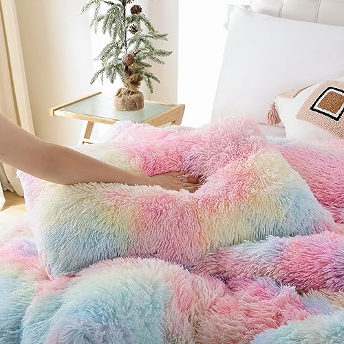 Smoofy Fluffy Queen Comforter Set, Faux Fur Pink Comforter Set Queen Size, Luxury Fuzzy Bedding Set, Soft Shaggy Bed Set for All Season, 3 Pieces - 1 Comforter & 2 Pillowcases, Tie-Dye Pink
