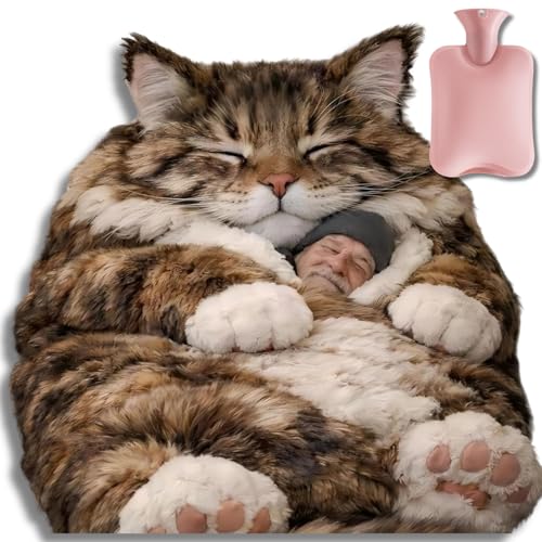 Sac de Couchage pour Adulte, 190 x 80 cm, Adorable Cats Envelopes, Sac de Couchage d'intérieur en Peluche, Confortable et Coussin Moelleux en Un, avec Sac d'eau Chaude en Bonus (E)