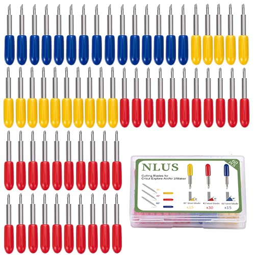 NLUS 60Pcs Cutting Blades, Replacement Blades for Cricut Explore Air/Air 2/Maker Expression, Vinyl Fabric Cutting Blades Including 30Pcs 45Â°/15Pcs 30Â°/15Pcs 60Â°Varying Degrees Blades