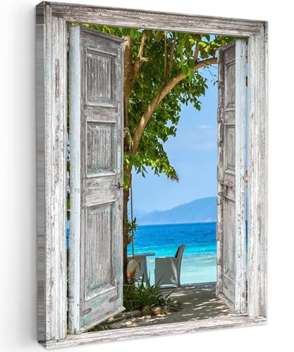 MuchoWow© Quadri Astratti su Tela 50x70 cm Foto Quadro Moderno Soggiorno Canvas Decorazioni Camera da Letto Spiaggia - Tropicale - Mare - Vista dalla finestra