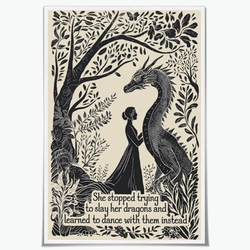 Feminist Wall Art Dancing With Dragons Art Print Trendy Feminist Canvas Posters with Quote Motivational Wall Decor Vintage Inspirational Botanical Decor Unique Gift For Women 12x18inch Unframed