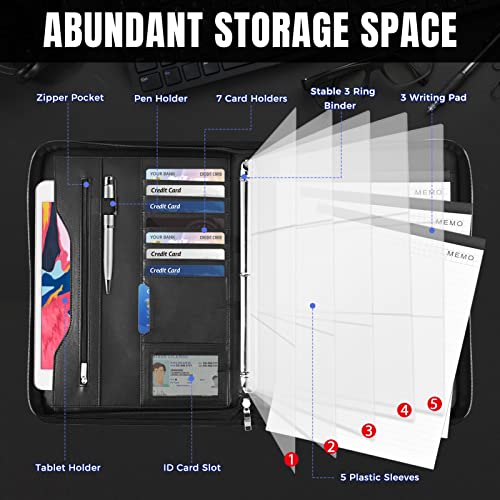 3-ring padfolio portfolio binder organizerpu leather folder binder business planner notebook zippered portfolio for womenmen with document sleevelettera4 size clipboard