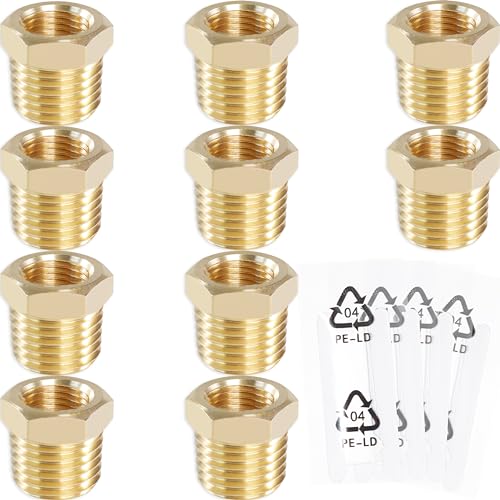 MSAEIQUN Brass Reducer Hex Bushing Threaded Pipe Fitting 1/4\" NPT Male x 1/8\" NPT Female Bushing 1/4 to 1/8 Adapter (1/4 NPT Male x 1/8 NPT Female, brass, 10)