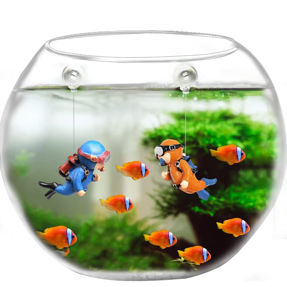 2PCS/Set Mini Fish Aquarium Floating Decorations Diver Fish Tank Decorations with Floating Device Accessories Ornaments for All Kinds of Fish Tank Simulated Underwater World